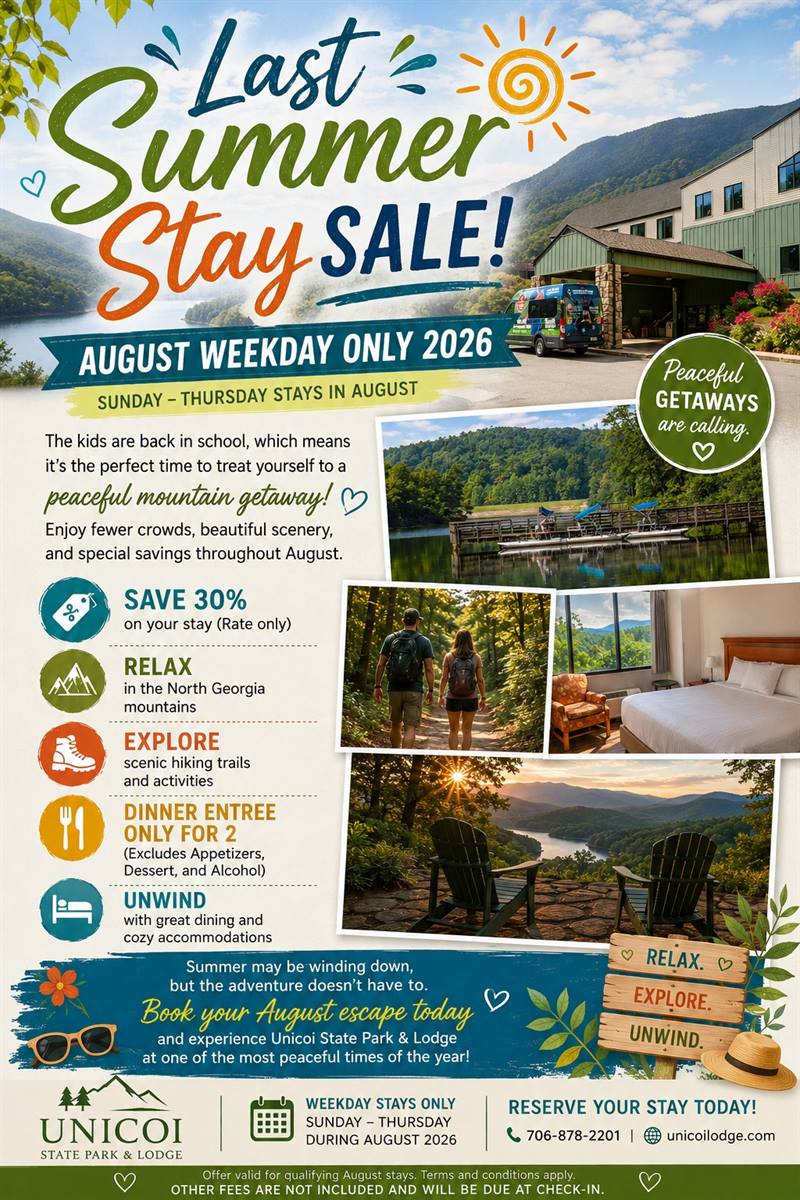 Book an overnight stay in the Lodge Sunday - Thursday through August 31, 2026 and save 30% Off our best available rate. Plus get dinner for two (excludes appetizers, desserts and alcohol).

Book online at https://us01.iqwebbook.com/ULGA340/~/?coupon=LSSS

Offer based on double occupancy and availability. Excludes cabins and campsites. Blackout dates may apply. Not applicable for groups or reservations. No other discounts apply. Rates do not include applicable fees and taxes.