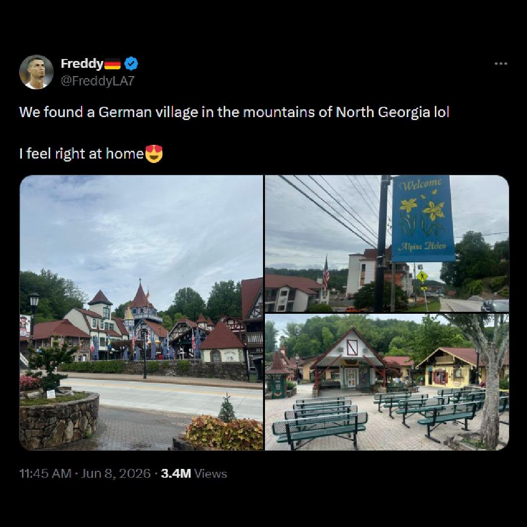 German fan Freddy is going viral for his World Cup adventures right here in Helen! Safe to say, his reaction to our town did not disappoint. 📸 X/FreddyLA7 #HelenGa #AlpineHelen #WorldCup