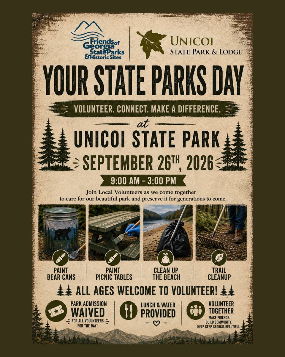 Join us and other local volunteers for this year's Your State Parks Day beautification project on Saturday, September 26, 2026 from 9am - 3pm.

All ages are welcome. Park admission waived for volunteers for the day. Lunch and water provided. For more information and to sign up call 706-878-3985 Ext. 550.

Learn more at https://unicoilodge.com/event/your-state-parks-day/