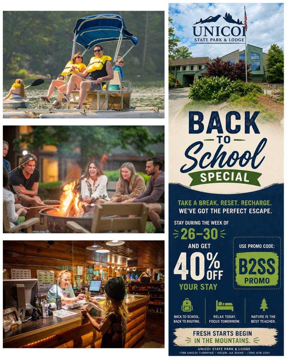 Before you head back to school, make one more escape to the North Georgia Mountains! Book an overnight stay in the Lodge between July 26 - 30, 2026 and save 40% Off your stay! *Terms& conditions apply. Book now at https://us01.iqwebbook.com/ULGA340/~/?coupon=B2SS&arrivalDate=Sun,%20Jul%2026%202026