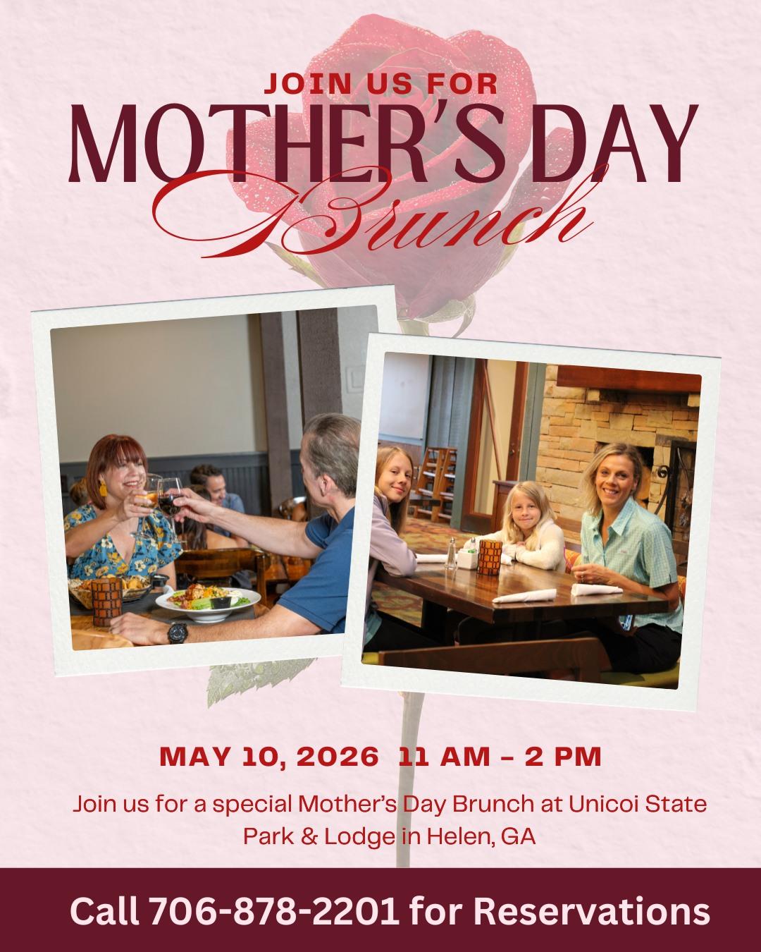 Celebrate Mother’s Day at Unicoi State Park & Lodge on Sunday, May 10, 2026 from 11am – 2pm with a memorable buffet experience – featuring delicious favorites, warm hospitality and stunning natural surroundings. view menu and pricing at https://unicoilodge.com/event/mothers-day-buffet/

Call 706-878-2201 for reservations!