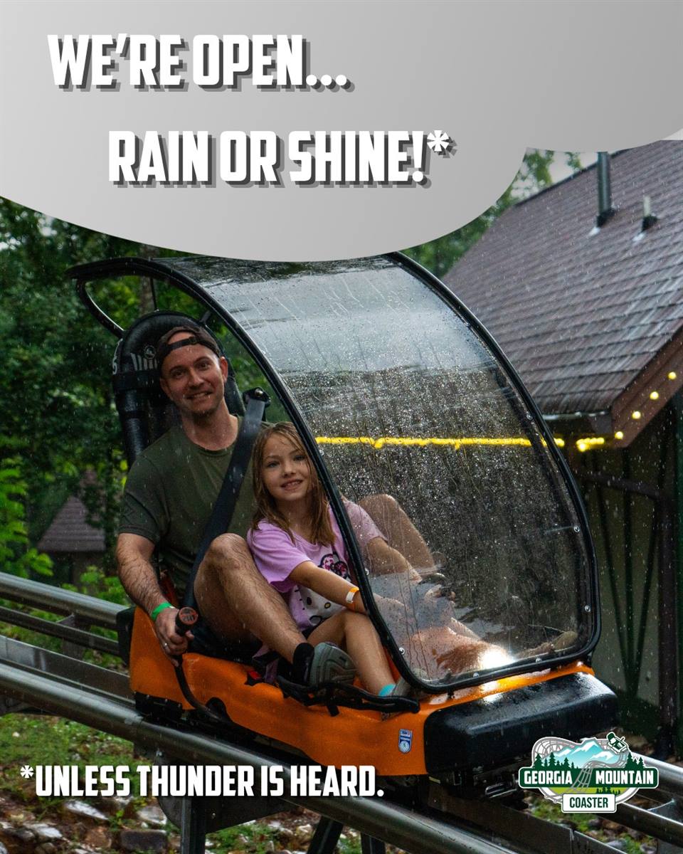 We're starting out the day a little wet. Unless we hear thunder nearby, WE'RE OPEN! ☔️ 🎢 

To keep riders safe in stormy conditions, we close operations for 30 minutes after we first hear thunder. If thunder is heard again, the timer resets. Customers are welcome to wait for the coaster to reopen in the queue line or request a refund for their ride purchase!

#georgiamountaincoaster #northgeorgia #helenga #alpinehelen #amusementride #thingstodo