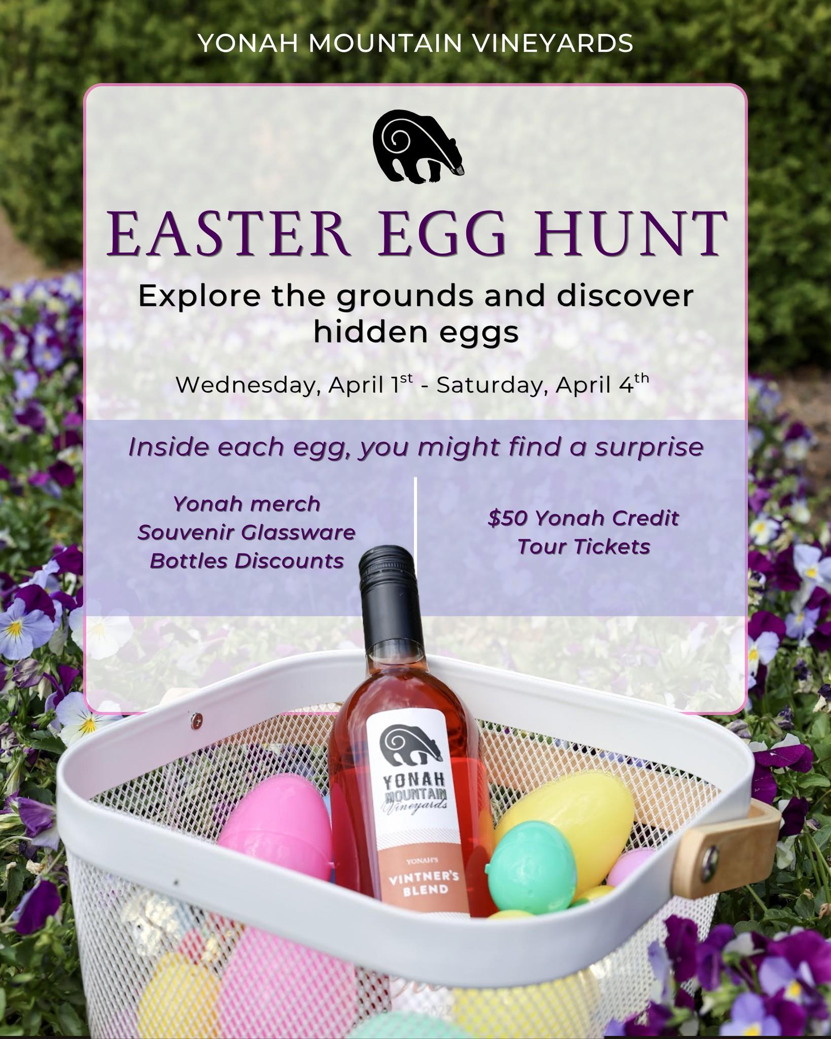 🐣 Easter Egg Hunt at Yonah Mountain Vineyards 🌸

Celebrate the season with a little adventure at Yonah 🍷�From Wednesday, April 1st – Saturday, April 4th, explore the grounds and discover hidden eggs filled with fun surprises along the way.

Keep an eye out… you might even find a golden egg 👀✨

Bring your friends, sip some wine, and enjoy a springtime experience in the vineyard 💛

Please note:�• One egg per person, per day�• Eggs will be hidden around the property (not in the vines)

#spring #atl #thingstodo #northga