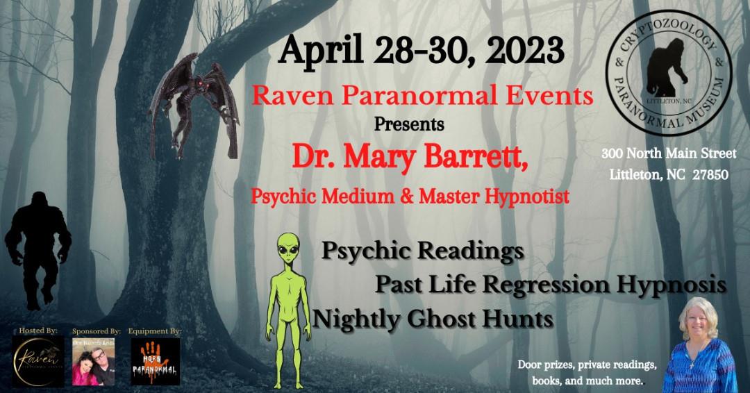 Apr 28-30: Dr. Mary Barrett will host a psychic medium gallery reading at the Cryptozoology & Paranormal Museum in Littleton 👻 
🎟️ Get tix: Link in bio
.
#DiscoverHalifaxNC #VisitNC #VisitHalifaxNC