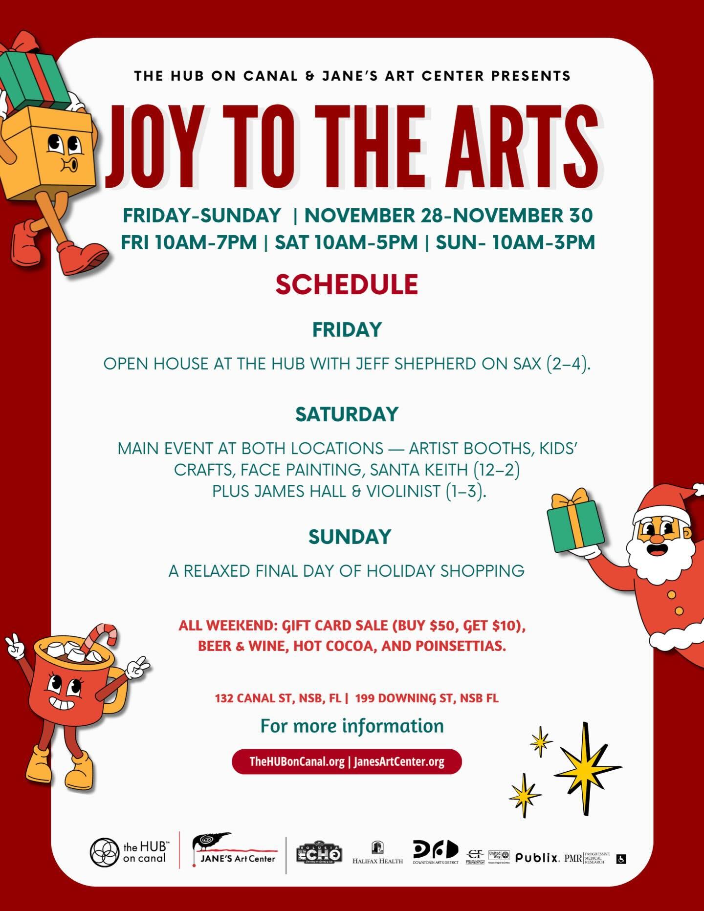 Here’s your Joy to the Arts schedule ✨
From live music on Friday to Santa, crafts, and artist booths on Saturday, plus a cozy Sunday of holiday shopping! It’s a full weekend of creativity and cheer at The Hub & Jane’s. Join us!